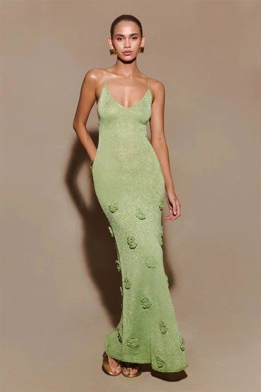 Heidi-Mode | 3D Blumen Rückenfrei Lang Kleid