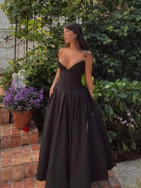 Heidi-Mode | Schwarz Elegante Hochzeitsveranstaltungen Kleid Sexy Strapless Korsett Kleid Midi Weihnachtsfeierkleider für Frauen Kleidung