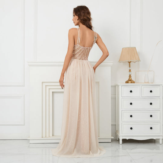 Heidi-Mode | Pailletten Maxi Kleider Abnehmbarer Chiffon Zug