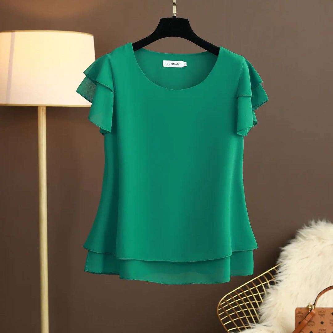 Heidi-Mode | Chiffon Bluse mit O-Ausschnitt und Kurzen Ärmeln