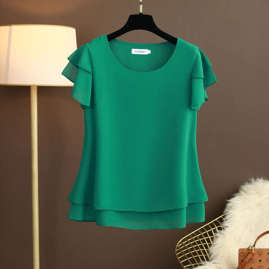 Heidi-Mode | Chiffon Bluse mit O-Ausschnitt und Kurzen Ärmeln
