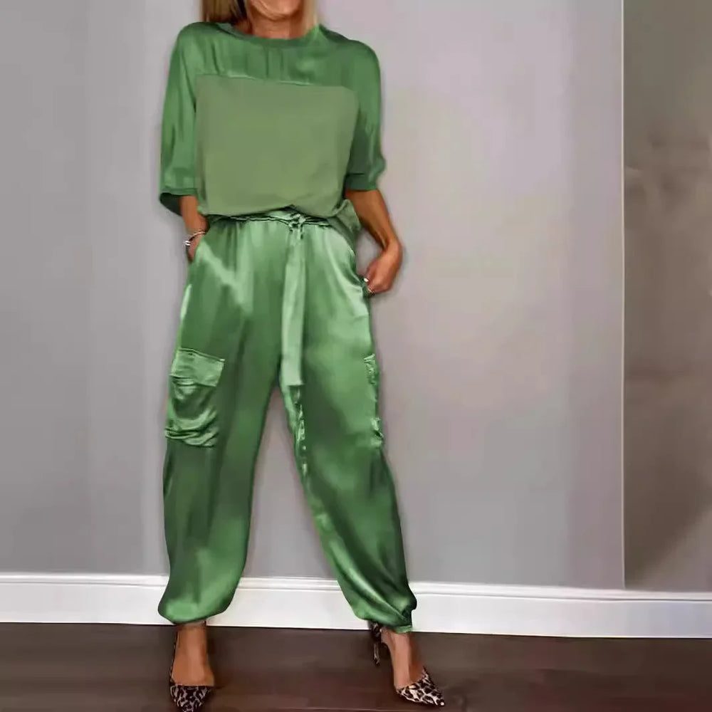 Heidi-Mode | Sommer Satin 2 Teilig Set Frauen Lässig Einfarbig 2 Teilig Outfit Halblange Ärmel Top Lockere Passform Hosen Set Zwei Teilige Set