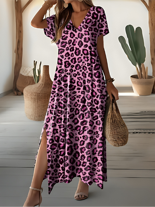 Heidi-Mode | Stylisches Leopardenmuster Kurzarm V-Ausschnitt Maxikleid
