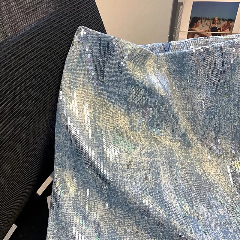 Heidi-Mode | Röcke für Frauen Pailletten Denim Tasche Hüftrock Sommer Neu Koreanische Version Hohe Taille Schlank Retro Nischen Design Joker Rock