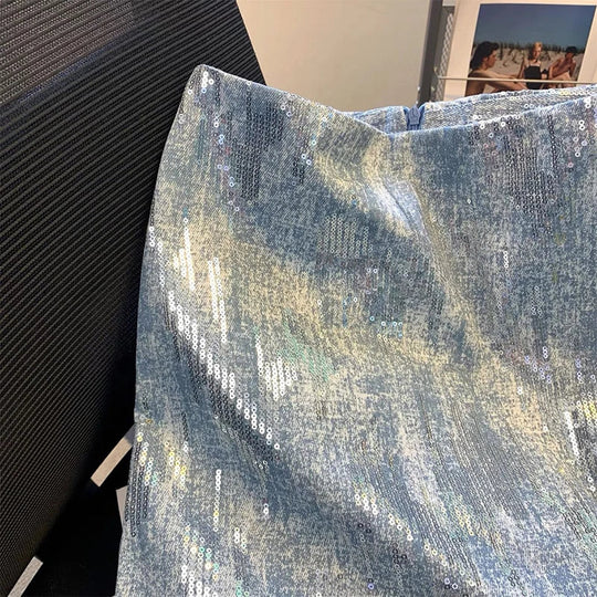 Heidi-Mode | Röcke für Frauen Pailletten Denim Tasche Hüftrock Sommer Neu Koreanische Version Hohe Taille Schlank Retro Nischen Design Joker Rock