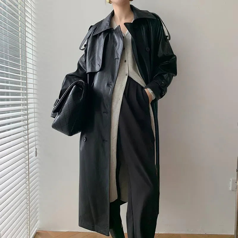 Heidi-Mode | Langer Leder-Mantel mit Gürtel für Damen - Ideal für den Winter