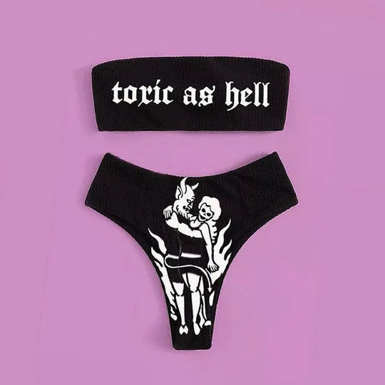 Heidi-Mode | Sexy Goth Bikini Frauen Buchstaben Totenkopf Druck Badeanzug Split Badeanzug Hohe Taille Gotische Bikini Set Strandoutfits