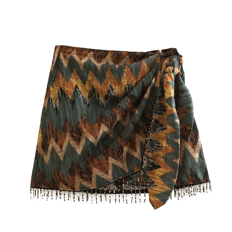 Heidi-Mode | Sommer Neu Jahrgang Geometrisch Druck Mini Rock Seiten Schleife Sarong Perlen Fransen Wickel Kleider Lässig Reißverschluss Kurz Shorts Frau