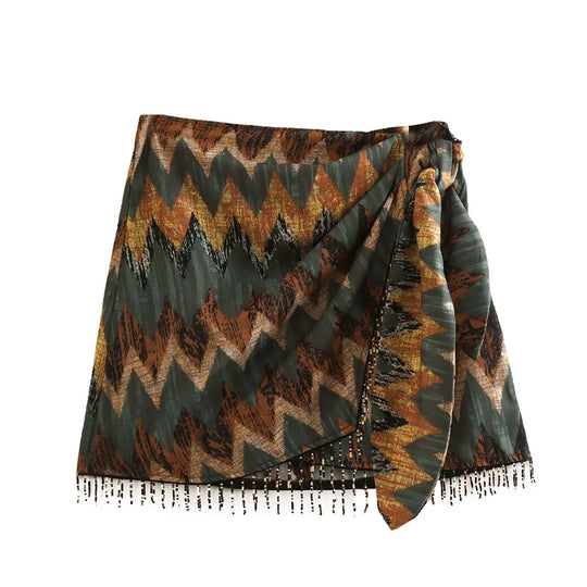 Heidi-Mode | Sommer Neu Jahrgang Geometrisch Druck Mini Rock Seiten Schleife Sarong Perlen Fransen Wickel Kleider Lässig Reißverschluss Kurz Shorts Frau