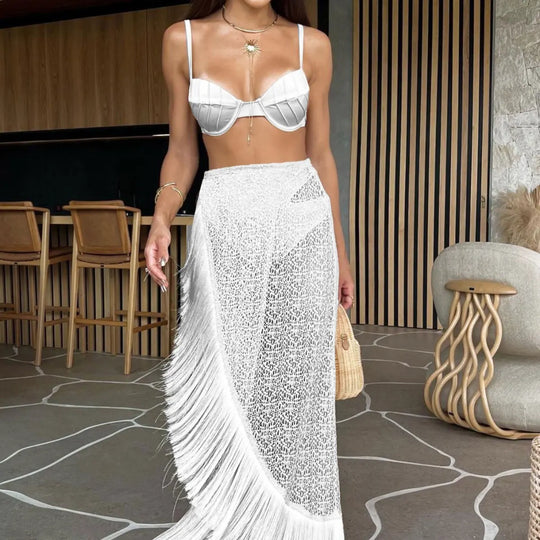 Heidi-Mode | 3 Stücke Fransen Bikini Set Frauen Strand Strick Rock Anzug Hohes Fenster Sexy Transparent Fest Streetwear Sommer Outfit