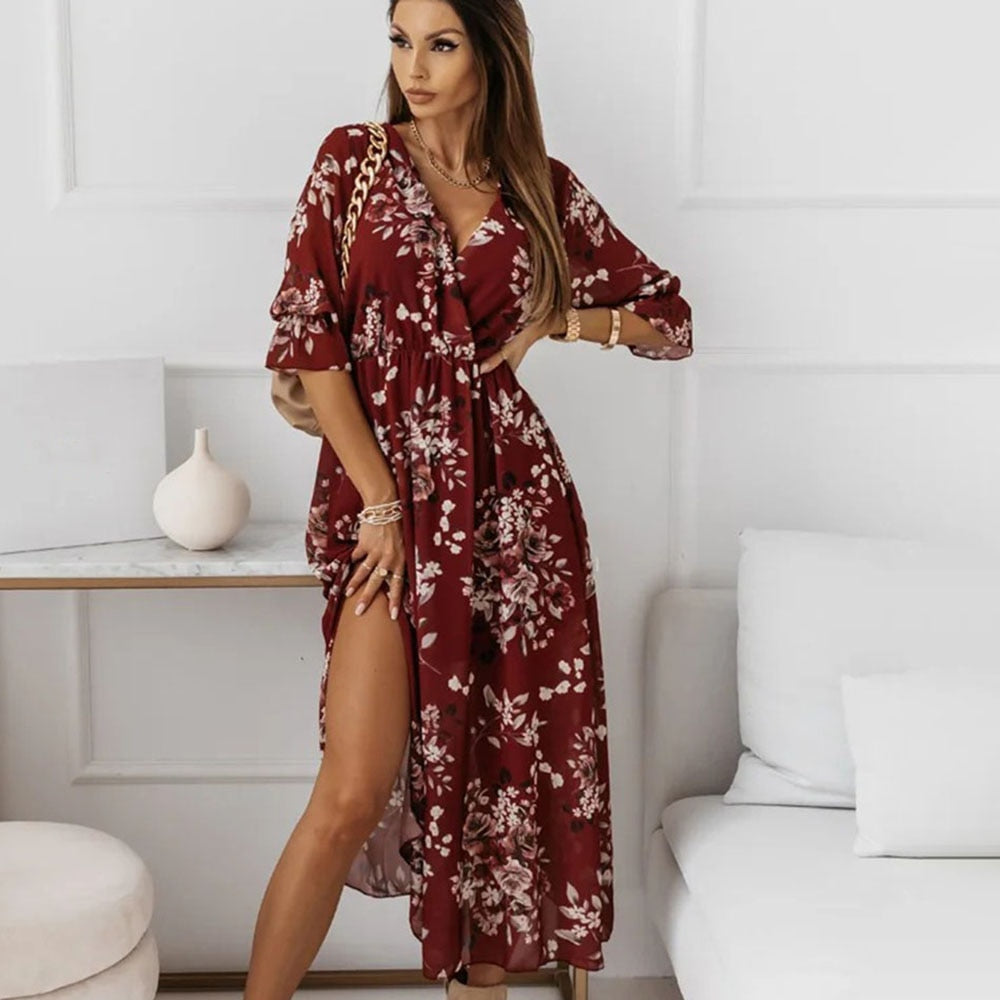 Heidi-Mode | Lässiges Maxikleid mit Seitenschlitz und Großem Blumenmuster Unten