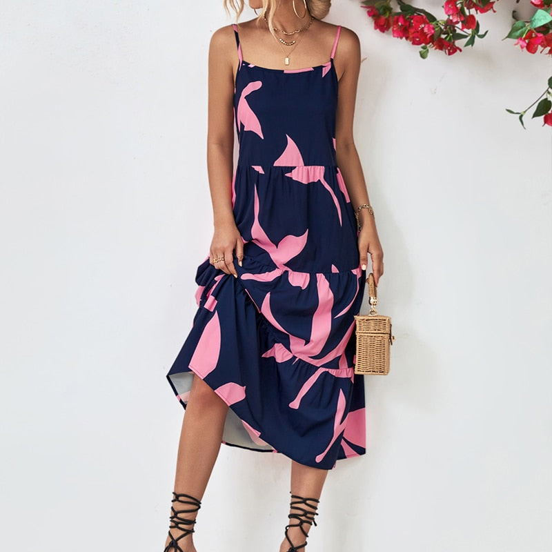 Donkerblauwe/ roze midi jurk