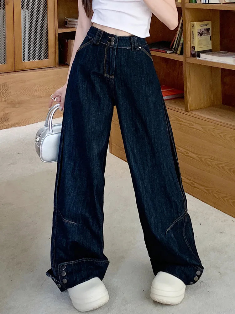 Heidi-Mode | Trashy Y2K Mode Knopfmanschetten Dunkelblaue Baggy Jeans Hosen für Damen Kleidung Schlichte Elegante Hosen Damen Pantalon Femme
