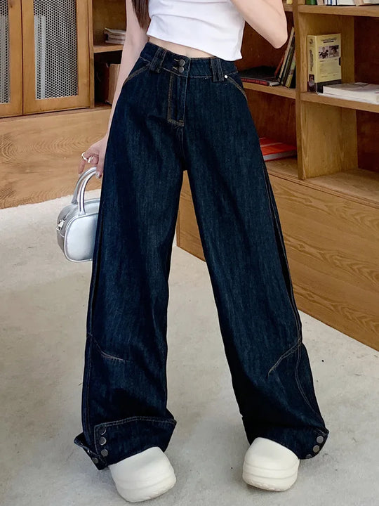 Heidi-Mode | Trashy Y2K Mode Knopfmanschetten Dunkelblaue Baggy Jeans Hosen für Damen Kleidung Schlichte Elegante Hosen Damen Pantalon Femme