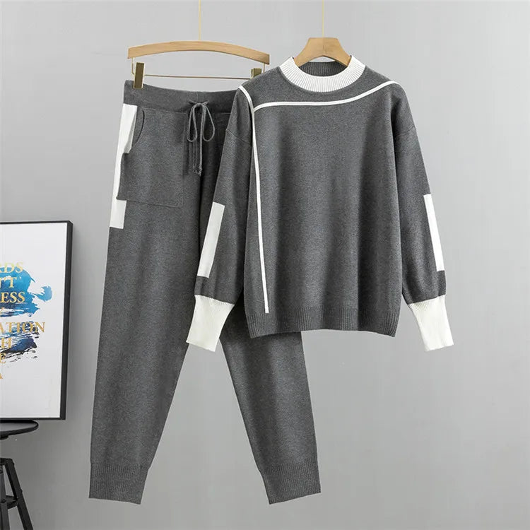 Heidi-Mode - Lässiges Herbst Strick Patchwork Oberteil und Hosen Set für Frauen