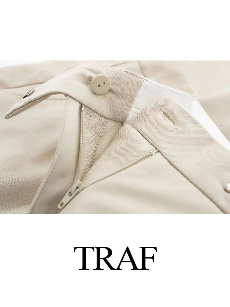 Heidi-Mode | Frühling Frauenmode Beige Blau Jacke Anzug Ein-Knopf Jacke Frauen Hohe Taille Lässige Baggy Hosen 2 Teilig Set