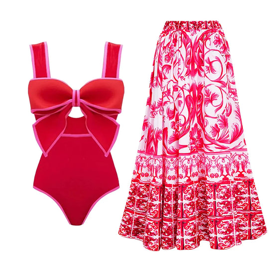 Heidi-Mode | Einteiler Badeanzug mit Passendem Midi Rock für Frauen Neue Bademode Frau Schleife Dekor Monokini Strand Badeanzug
