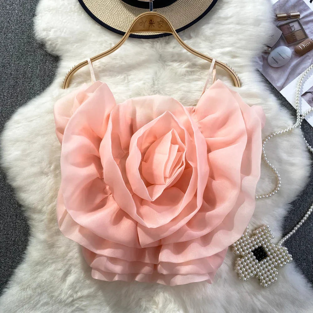 Heidi-Mode | Chic Vintage Rückenfreies Korsett Bustier Dreidimensional Blume Tanktop Koreanische Mode Sommer Strand Frauen Sling Crop Top