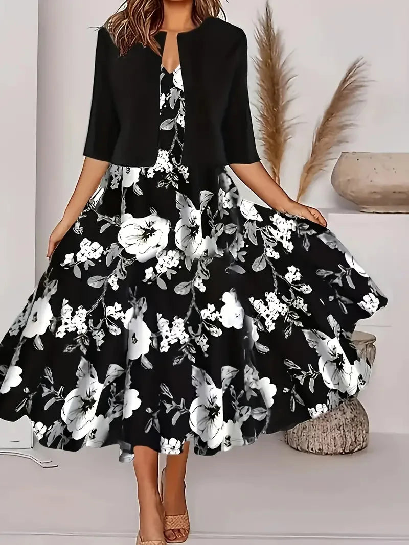 Heidi-Mode | Herbst Neu Frauen Lang Crewneck Gedruckt Kleid Kurz Nadel Zu Teils Strickjacke Kurz Mantel