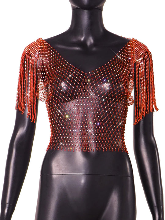 Heidi-Mode | Damen Sexy V-Ausschnitt Strass Kurz Crop Top Bling Kristall Fransen Schulter Dekor Diamant Fischernetz Shirt