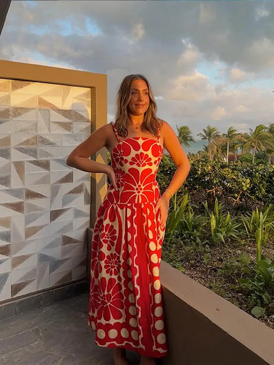 Heidi-Mode | Fashion Rot Druck Spaghetti Träger Kleid Frauen Sexy Rückenfrei Ärmellos Sling Kleid Sommer Weiblich Lässig Fest Strand Kleider