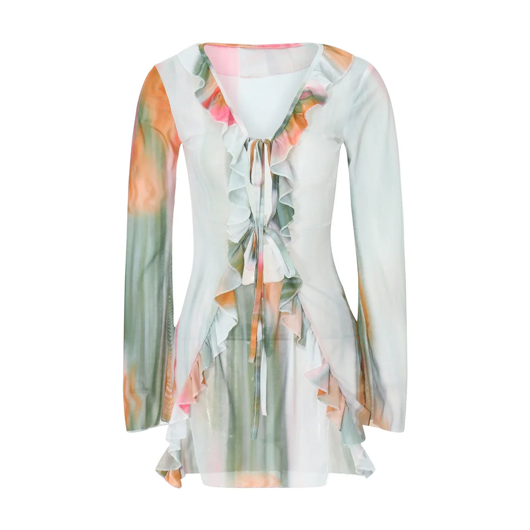 Heidi-Mode | Frauen Mini Kleid Langarm Schnürung Tie Dye Print Patchwork Strapazierfähiges Bodycon Kleid für Club Party