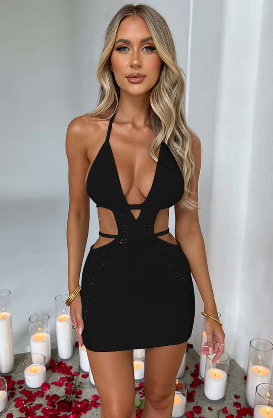 Heidi-Mode | Hollow Out Halter Sexy Mini Kleid Frauen Sommer Neu Ohne Ärmel Rückenfrei Enganliegend Klub Party Strick Tank Kleid Vestido