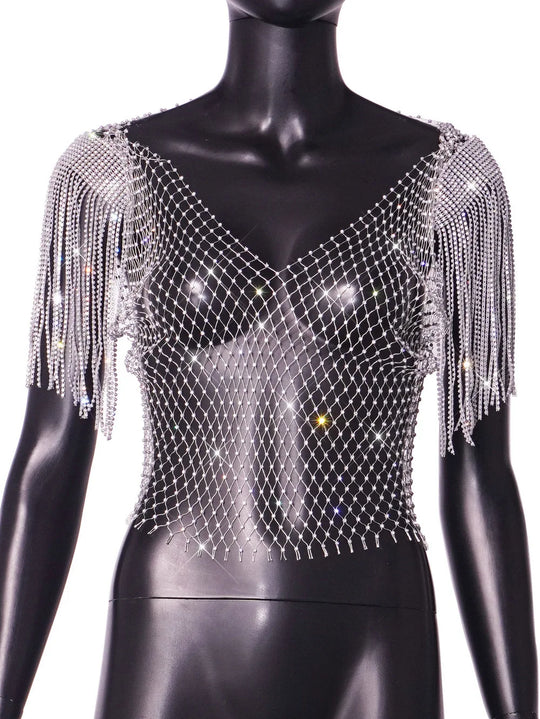 Heidi-Mode | Damen Sexy V-Ausschnitt Strass Kurz Crop Top Bling Kristall Fransen Schulter Dekor Diamant Fischernetz Shirt