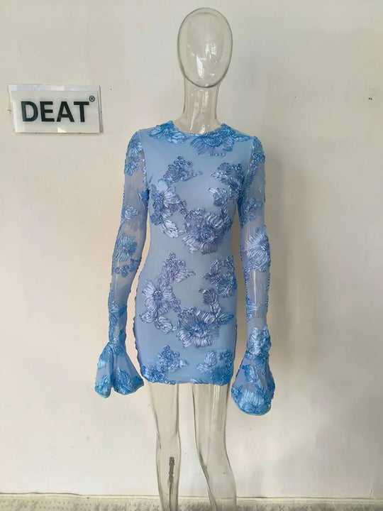 Heidi-Mode | Mode Damen Stickerei Blume Rücken Hohle aus Kleid Frühling Trendy O-Ausschnitt Flare Ärmel Kleider Weiblich