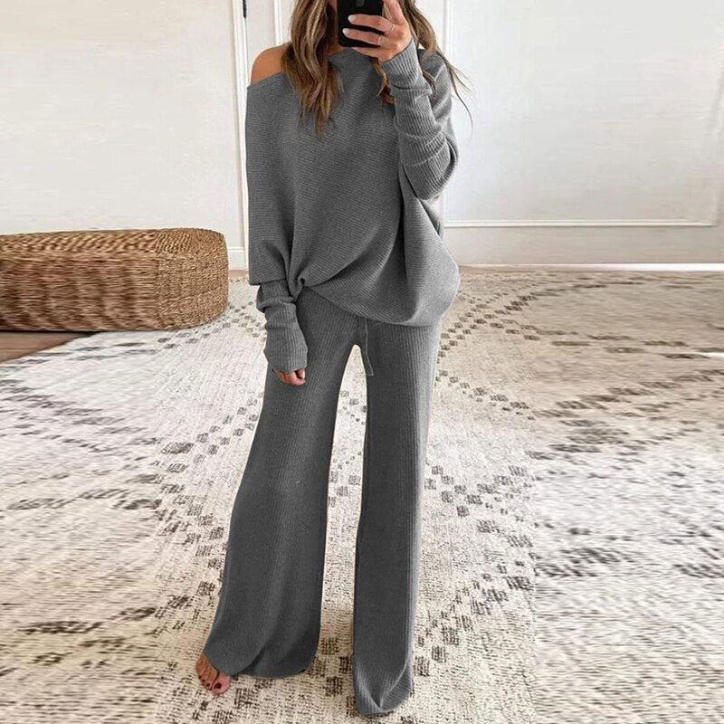 Heidi-Mode - Schicker Herbst Ein-Schulter-Pullover und Lockeres Hosen-Set für Frauen