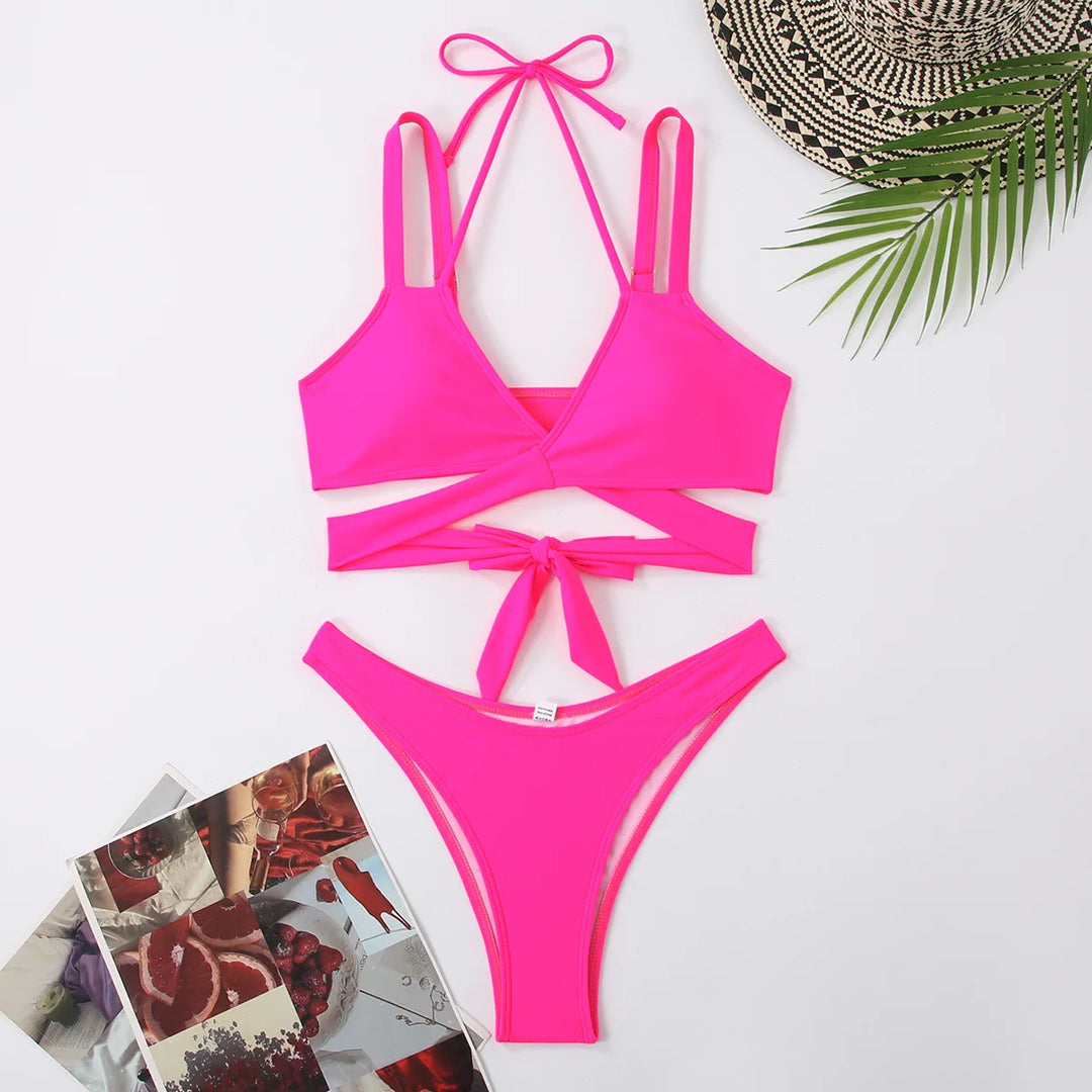 Heidi-Mode | Frauen Strap Ties Bikini Set Weiblich Solid Sexy Badebekleidung 2 Stücke Sexy Badebekleidung Strand Outfit Damen Badeanzug Push Up
