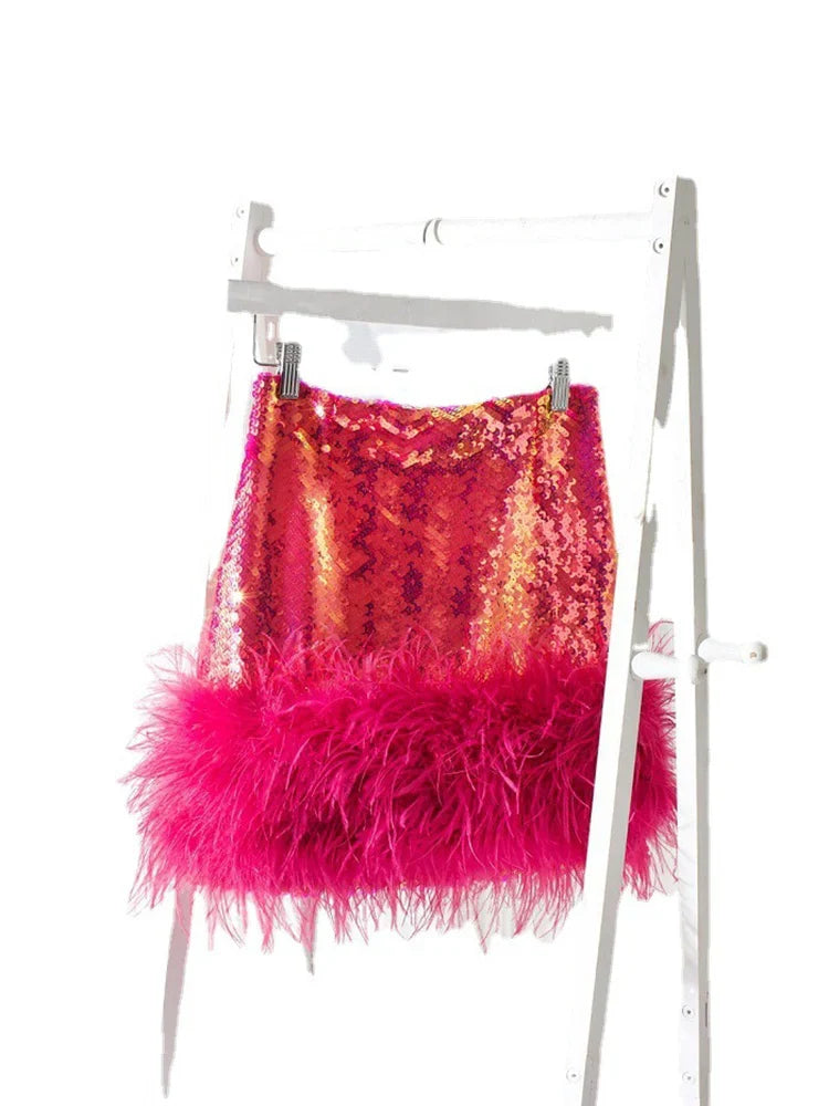 Heidi-Mode | Helle Seidenrock Sommer Frauenmode Pailletten Federn Genähte Kurze Röcke für Frauen Damenbekleidung