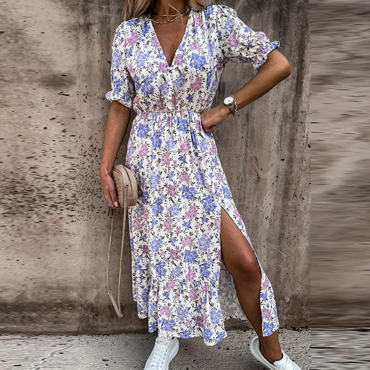 Heidi-Mode | Lässiges Maxikleid mit Seitenschlitz und Großem Blumenmuster Unten