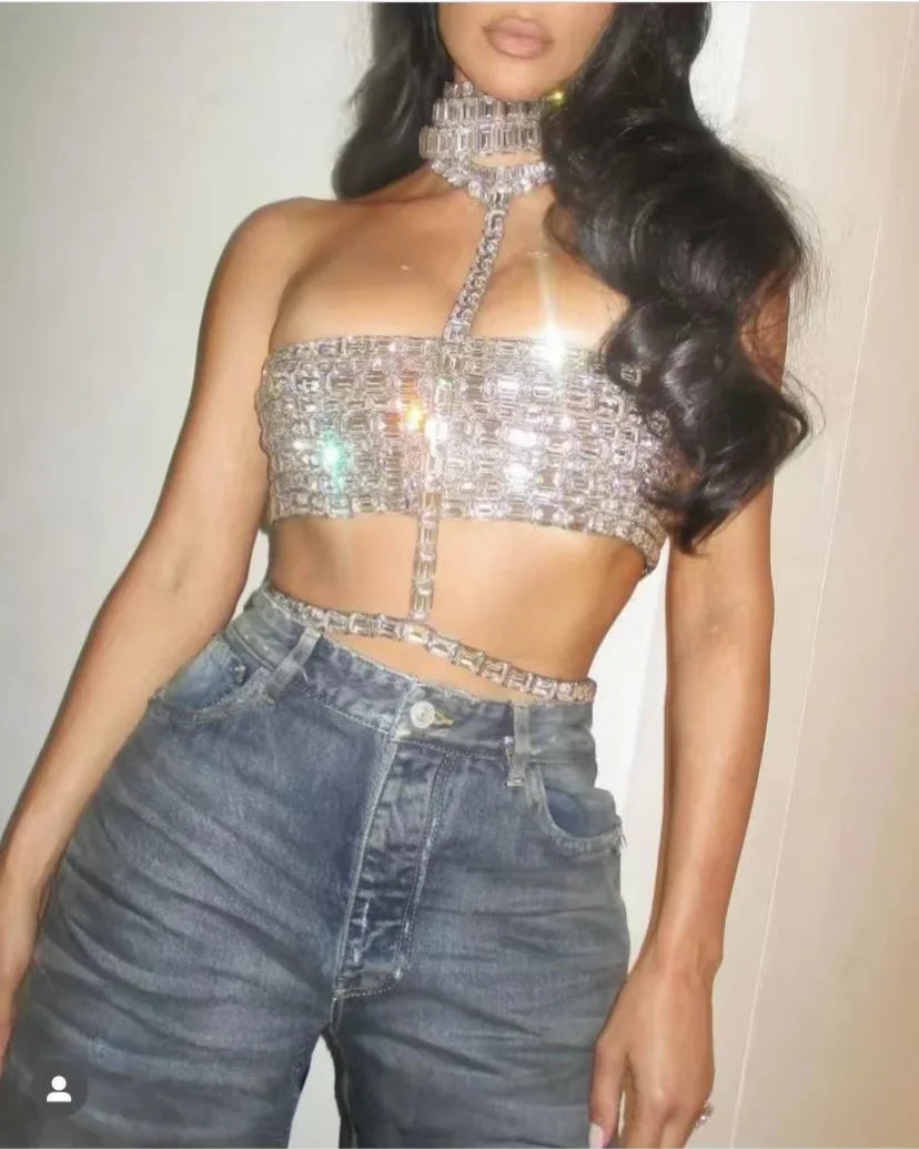 Heidi-Mode | Berühmtheitsmode Roter Teppich Kleidung Damen Strass Große Kristall Sexy Neckholder Tops Nachtclub Party Tv Show Tops Tank Hochwertig