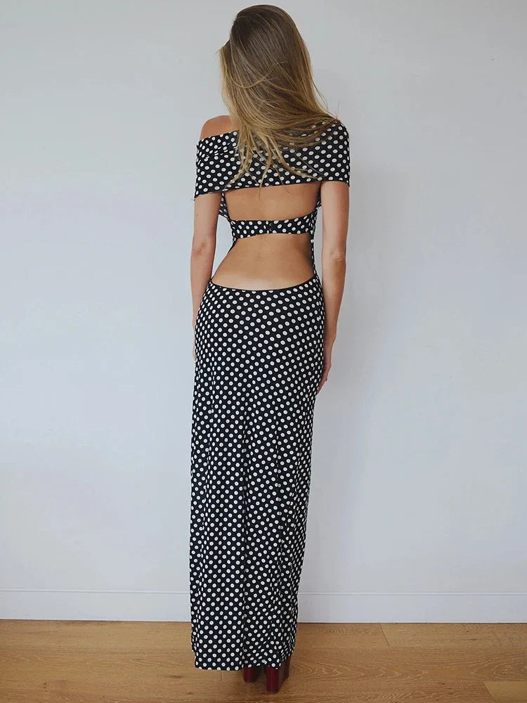 Heidi-Mode | Off Shoulder Polka Dot Maxi Kleid für Frauen Gown Fashion Halter Ärmellos Rückenfrei Bodycon Schlitz Lang Kleid Elegant