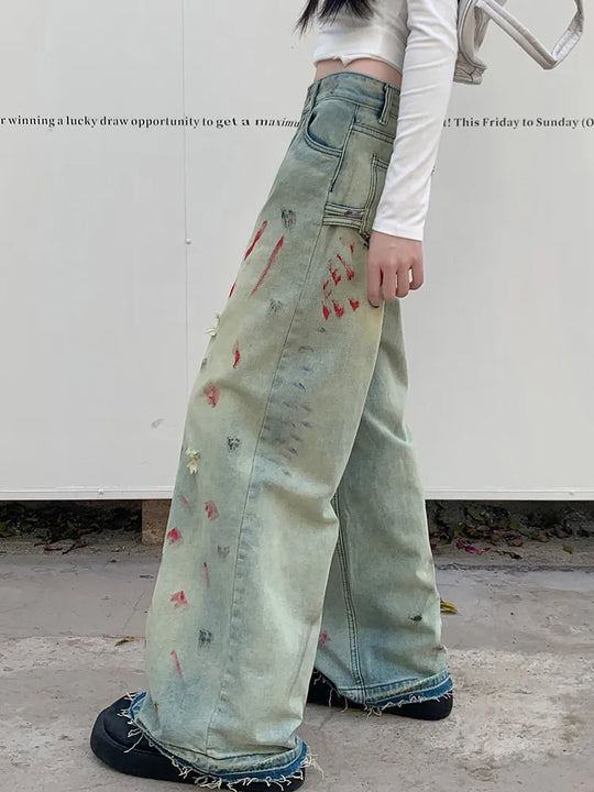 Heidi-Mode | Cyber Y2K Mode Ink Spray Jahrgang Blau Riss Baggy Neue Jeans Hosen für Frauen Kleidung Breite Beine Alte Gerade Damen Hosen