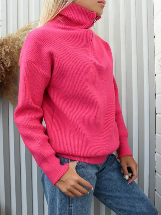 Strick-Turtleneck Damenpullover mit Reißverschluss