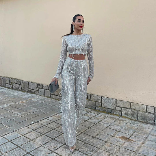 Heidi-Mode | Quaste Pailletten Frauen 2 Teilig Set Herbst Silber Licht Seide O-Ausschnitt Crop Tops Breite Bein Hosen Damen Anzug Mode Straße Damen Set