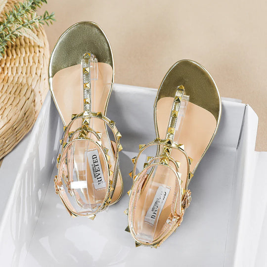 Heidi-Mode | Neue Sommer Outdoor Damen Flache Sandalen Britischer Stil Damen Lässig Römische Flache Stilvolle Niet Design Arbeit und Fest