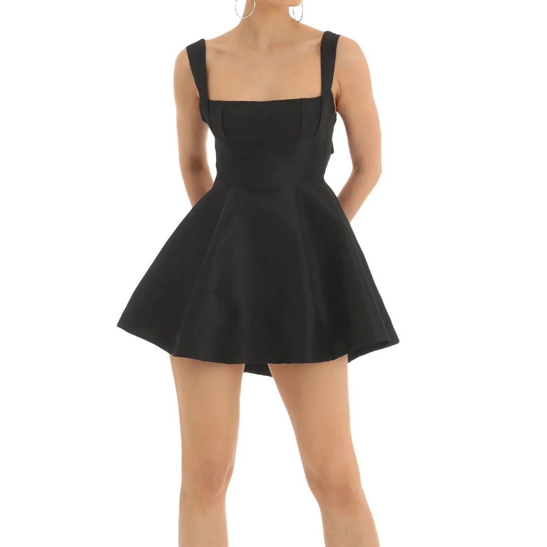 Heidi-Mode | Damen Sommer Rückenfrei Große Schleifen Träger A-Linie Kleid Süß Einfarbig Ärmellos Rechteckiger Ausschnitt Kurze Kleider für Fest Cocktail Prom