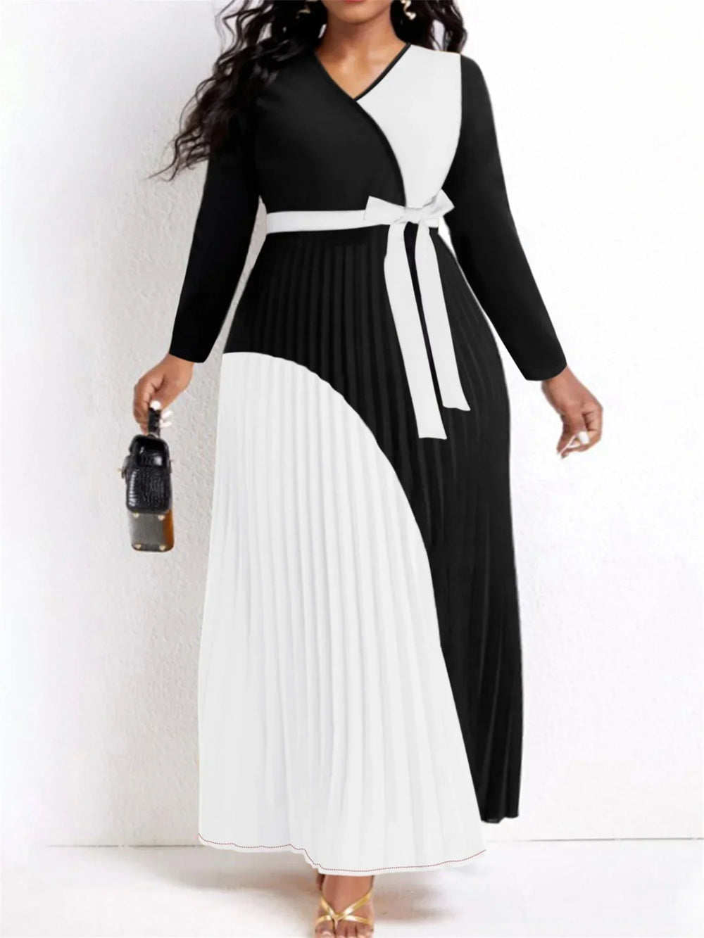 Heidi-Mode | Elegante Herbst Maxi Kleider Bandage Design Geschichteter Plisseefalten A-Linie Kleid Gürtelträger Lange Ärmel V-Ausschnitt Fließendes Patchwork Vestidos