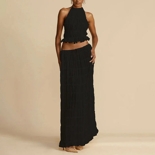 Heidi-Mode | Damen Sommerferien Strand Cover Ups Kleid Set Ärmellos Raffung Halterneck Lange Rock Anzug Top Schnüre Falten Maxi Röcke