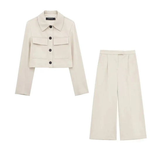 Heidi-Mode | Frühling Frauenmode Beige Blau Jacke Anzug Ein-Knopf Jacke Frauen Hohe Taille Lässige Baggy Hosen 2 Teilig Set