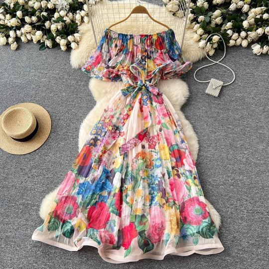 Heidi-Mode | Sommer Off Shoulder Schöne Blume Ferien Kleid Damen Slash Hals Volants Batwing Ärmel Print Lässig A-Linie Strand Kleider