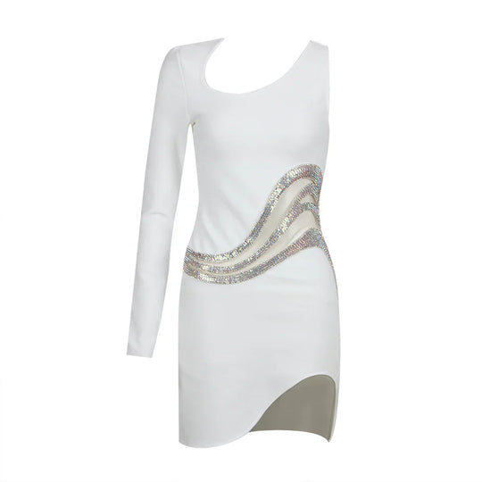 Heidi-Mode | Damen Neue Ein Schulter Langarm Mesh Patch Diamant Bandage Kleid Elegant Sexy Club Abendfest Mini Kleid