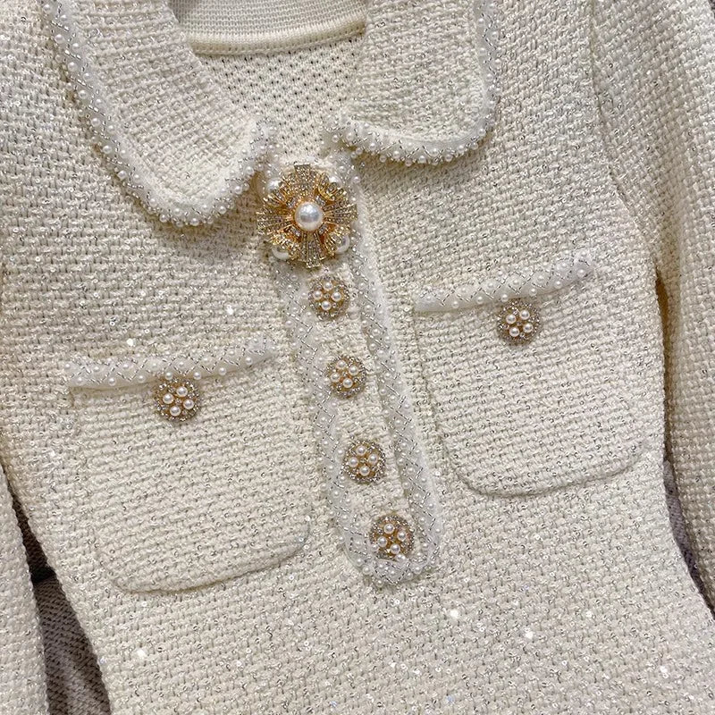 Heidi-Mode | Elegante Luxus Kleine Duft Strickkleid Frauen Pailletten Perlen Knöpfe Trendy Taille Auf Schlank Mini Kleider Frühling Herbst Neu