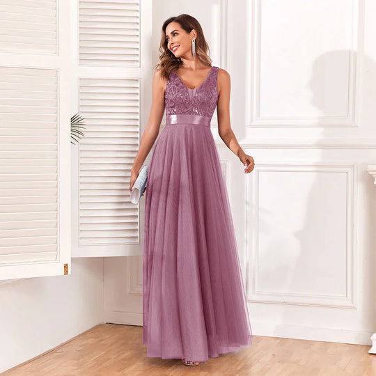 Heidi-Mode | Ärmellose Abendkleider V-Ausschnitt Blatt Tüll Stickerei Lange Festkleid Elegante A-Linie Cocktailkleid