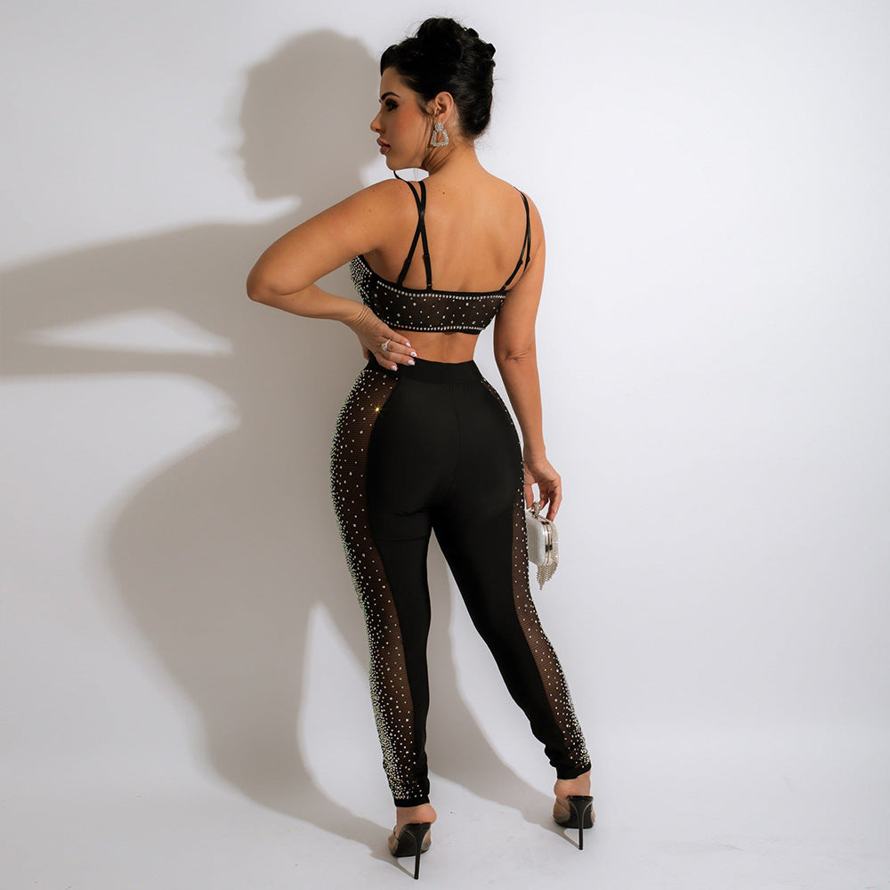 Heidi-Mode | Funkelndes Kristall Crop Top & Mesh Leggings Satzs