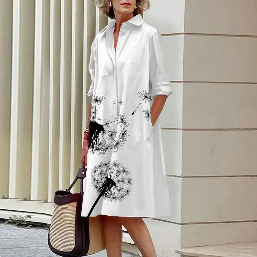 Heidi-Mode | Damen Elegante Hemdblusenkleider Herbstmode Blumen Lange Ärmel Lockere A-Linien Kleider Frauen Büro Damen Rote Grüne Revers Kleider