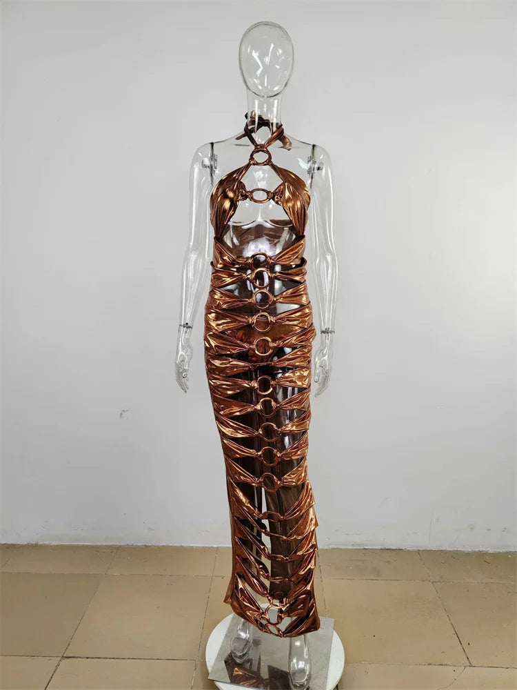 Heidi-Mode | Halter Metall Schnalle Hohles Rückenfreies Langkleid